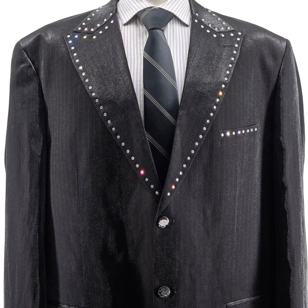 Il Cognito Suit Jacket Mens 48 Black Striped Rayon Nylon Studded Notch Lapel